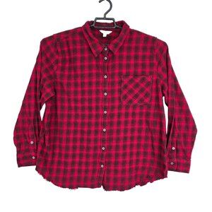 Womens Lucky Brand Red & Black Plaid Shirt Button Up Long Sleeve Raw Hem Size L
